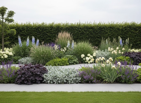 Sfeervolle border met vaste planten in bloei