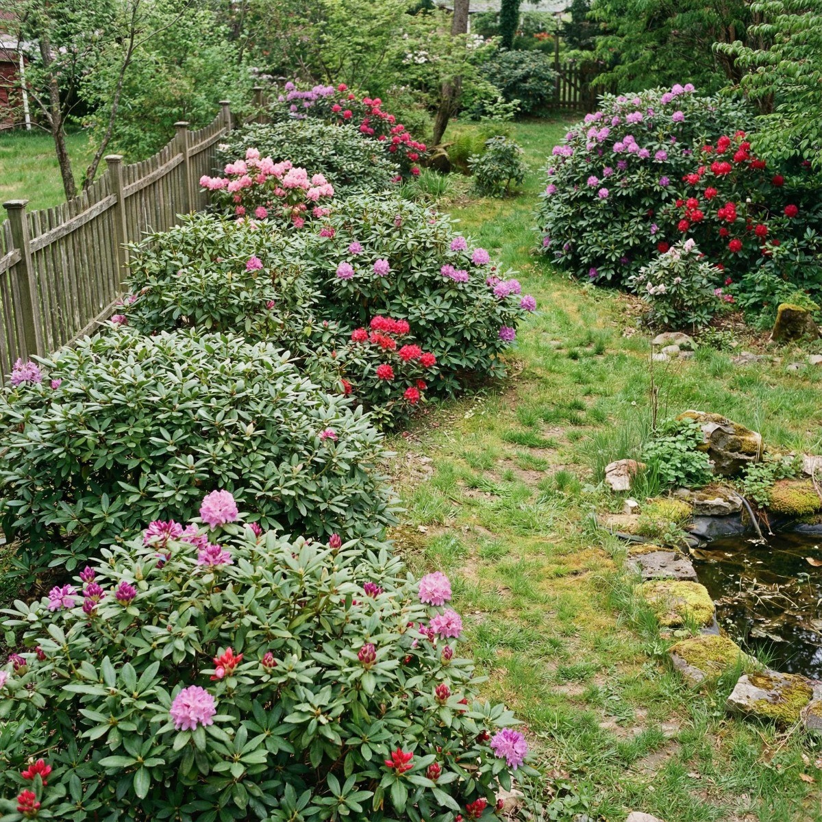 Rododendrons als natuurlijke structuur in een tuin met borders