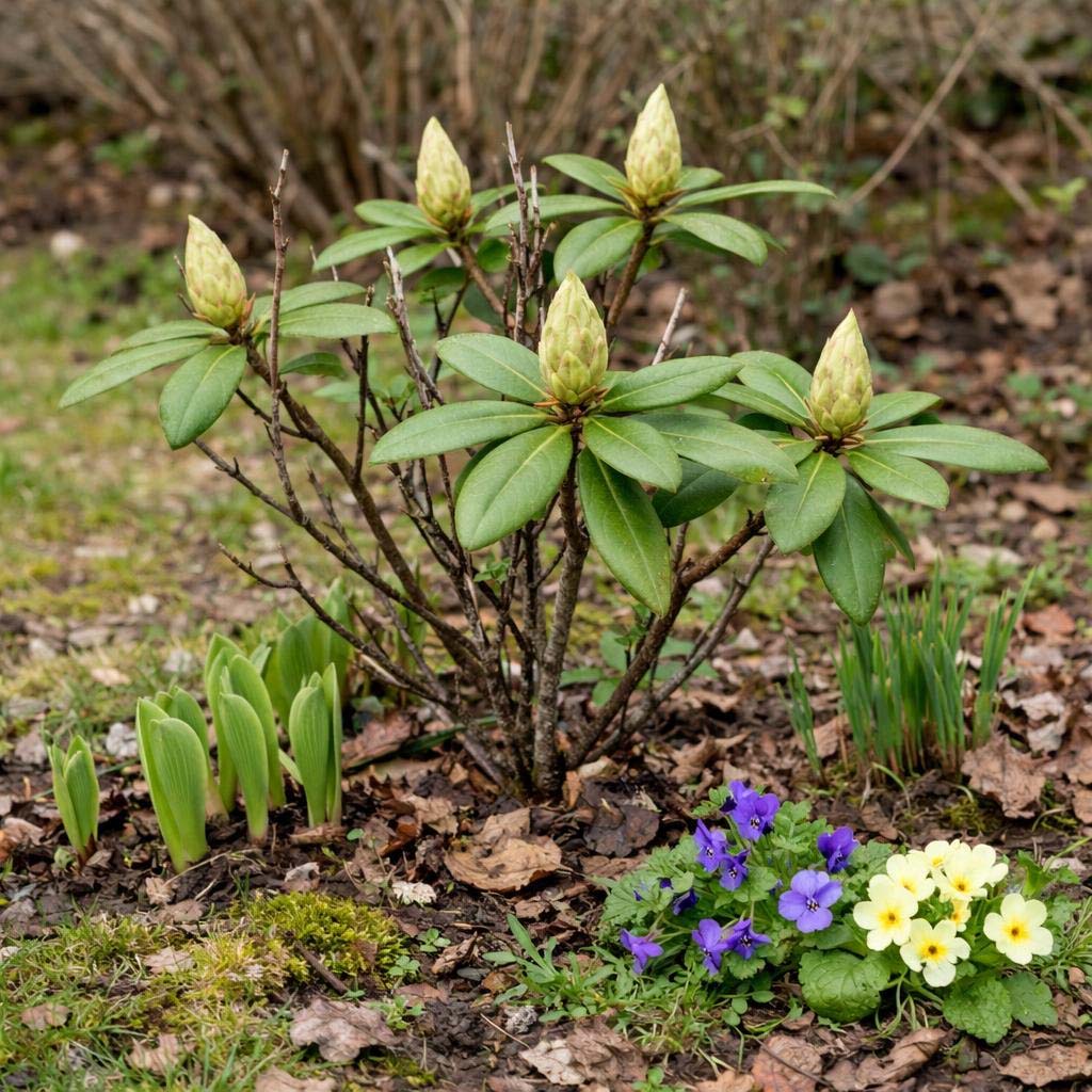 Brede tuinborder vol bloeiende rododendrons