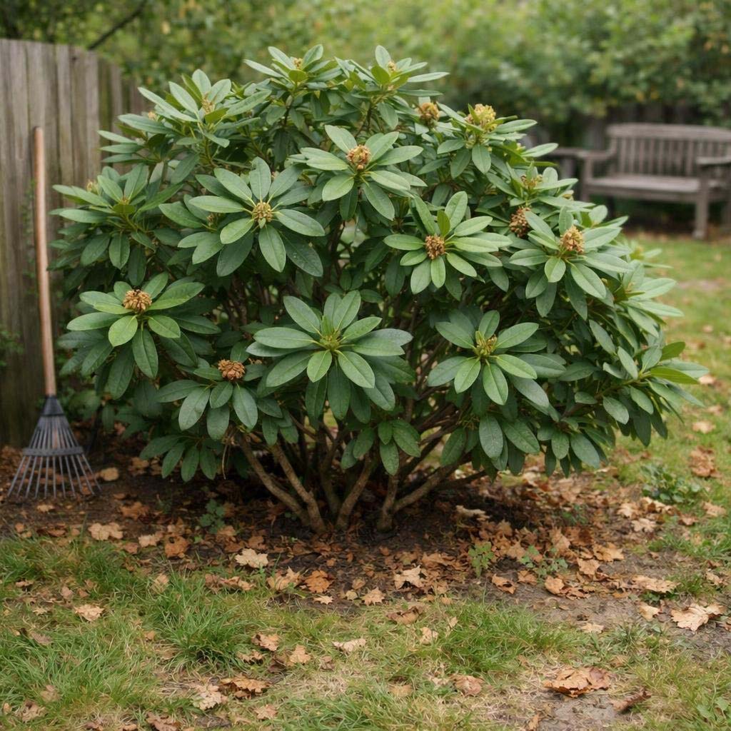 Rododendrons in een bostuin met schaduw en diep groen blad