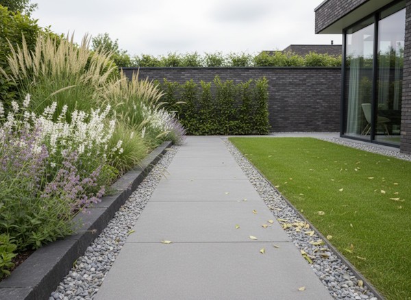 Strakke tuin met vaste planten en siergrassen